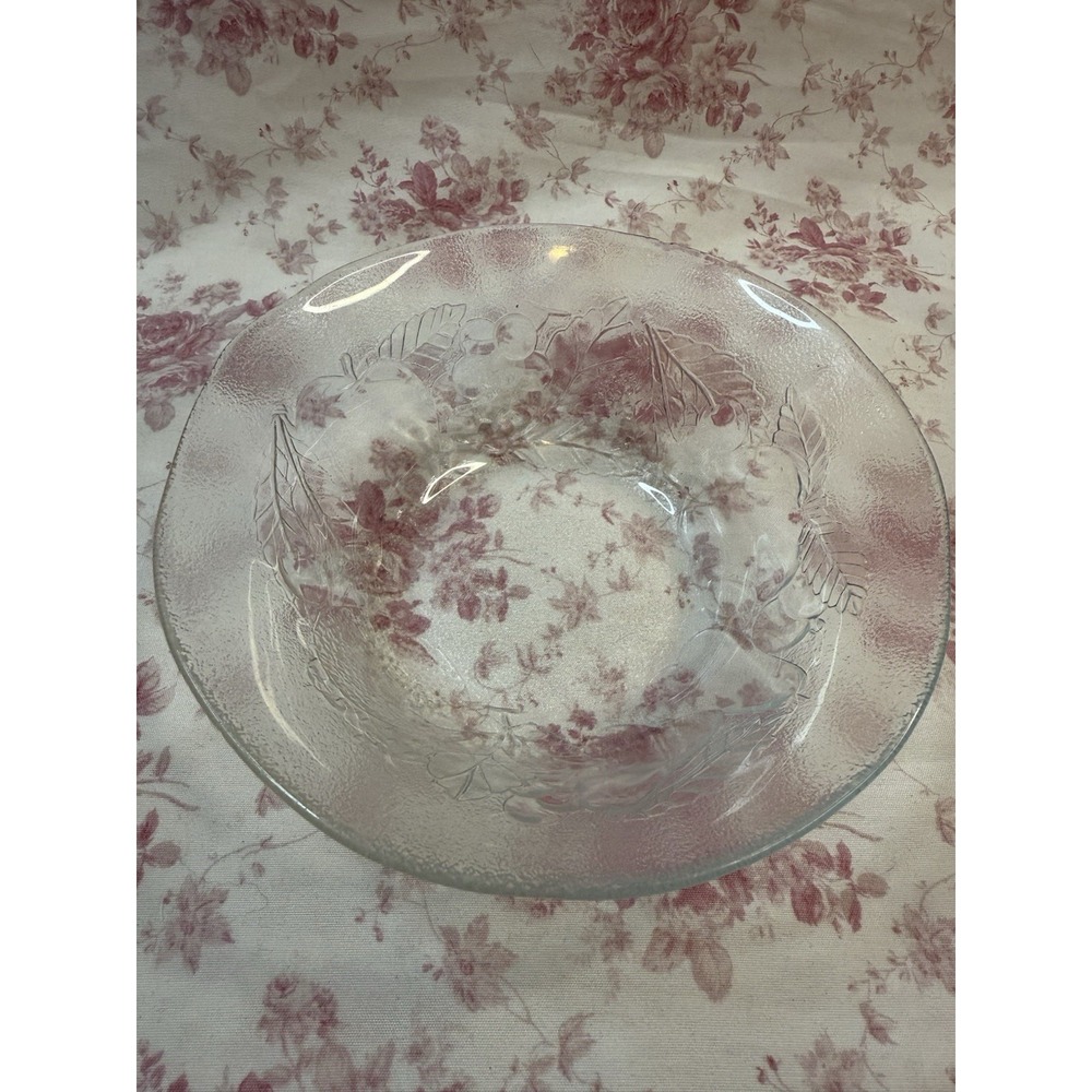 Vintage Clear Pressed Glass Fruit Bowl Grapes Pears Apples 6"